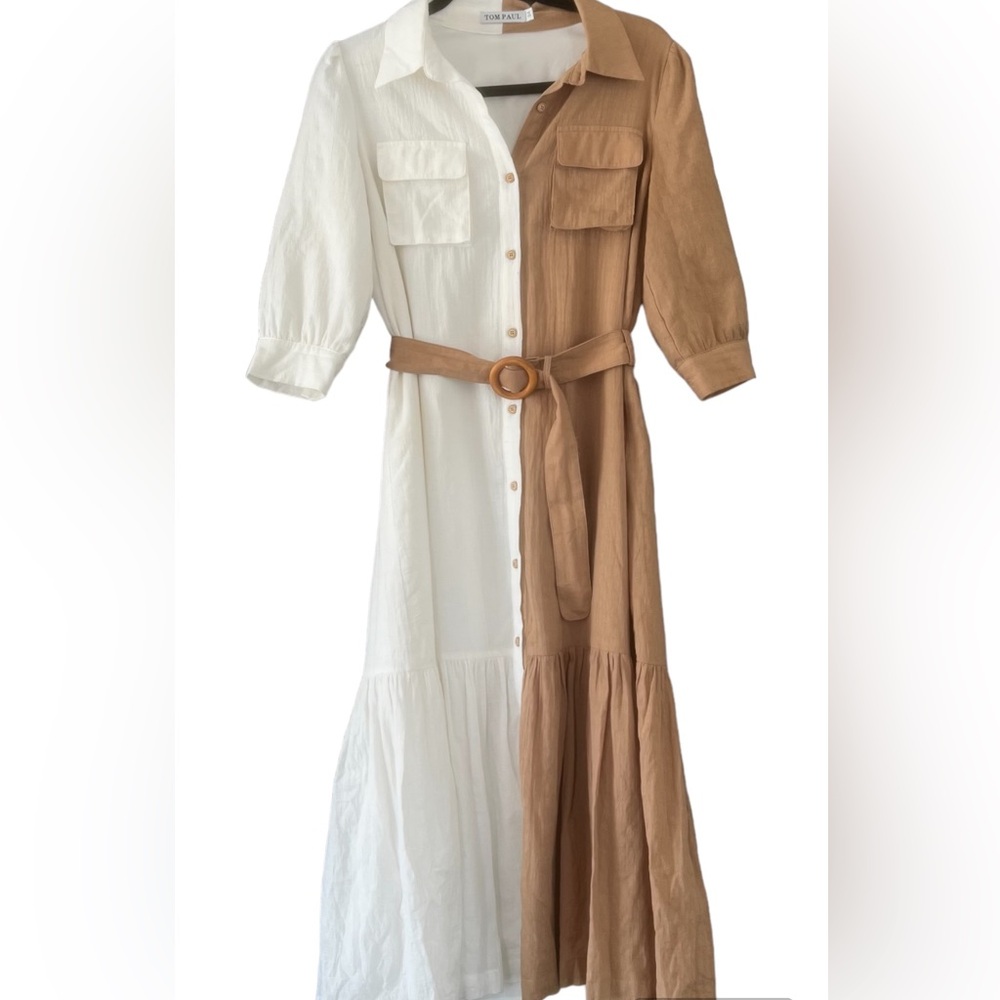 Tom Paul Safari chic white and tan color block bottom ruffle belted midi dress
